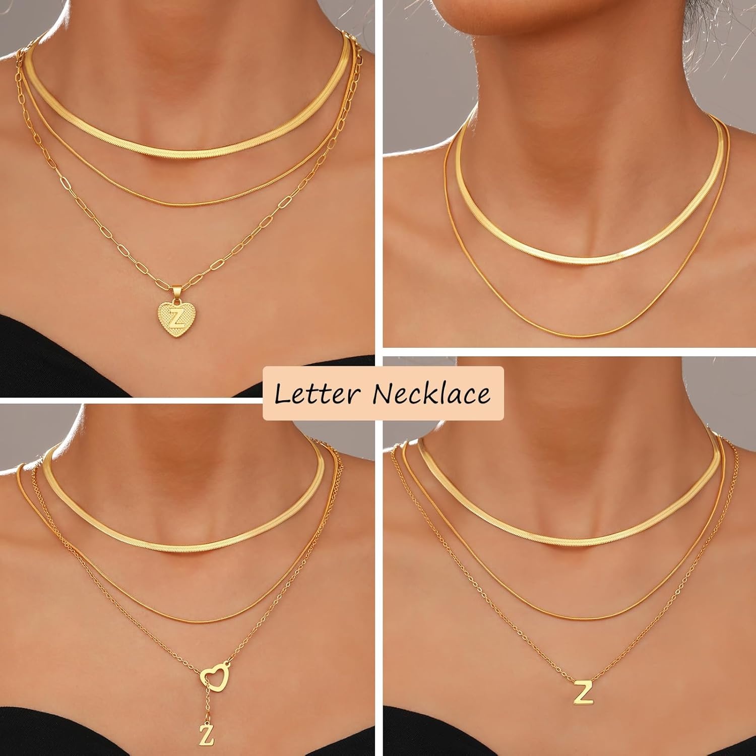 image:imageFAXHION Gold Initial Necklaces for Women 3 Pcs 14K Gold Plated Letter Heart Pendant Necklaces Dainty Gold Letter Necklace Set Layering Choker Necklace for GiftGold