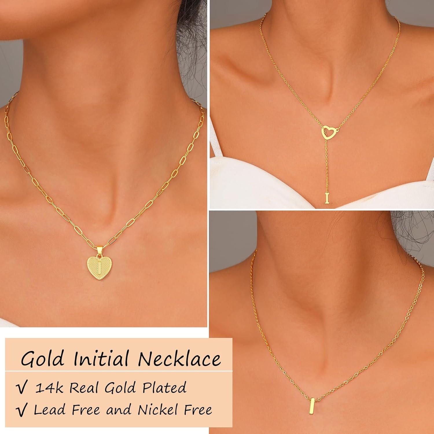 image:imageFAXHION Gold Initial Necklaces for Women 3 Pcs 14K Gold Plated Letter Heart Pendant Necklaces Dainty Gold Letter Necklace Set Layering Choker Necklace for GiftGold