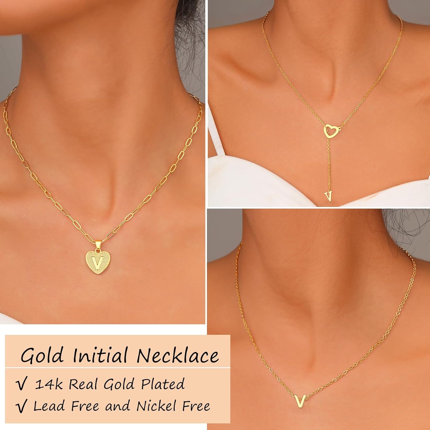 image:imageFAXHION Gold Initial Necklaces for Women 3 Pcs 14K Gold Plated Letter Heart Pendant Necklaces Dainty Gold Letter Necklace Set Layering Choker Necklace for GiftGold