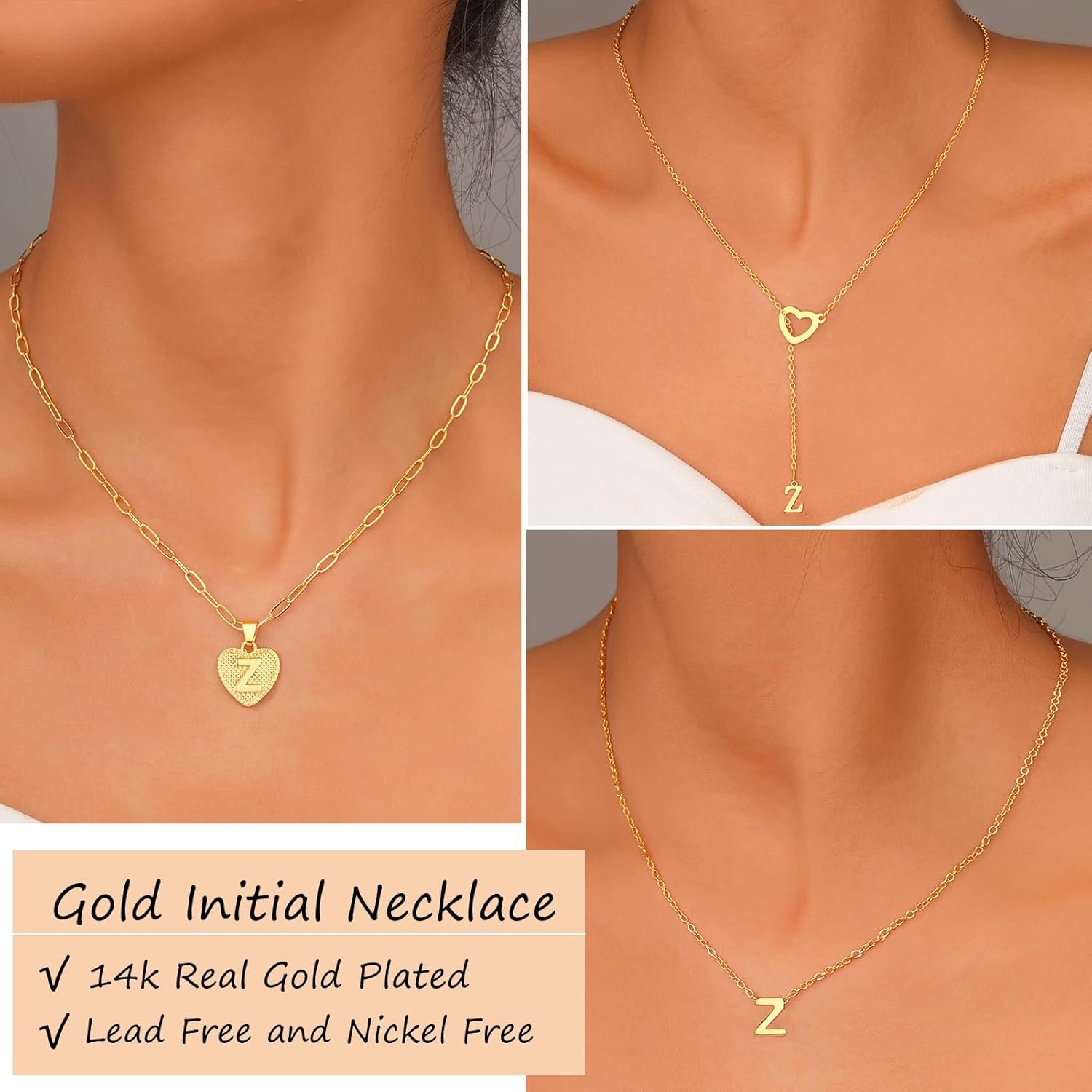 image:imageFAXHION Gold Initial Necklaces for Women 3 Pcs 14K Gold Plated Letter Heart Pendant Necklaces Dainty Gold Letter Necklace Set Layering Choker Necklace for GiftGold