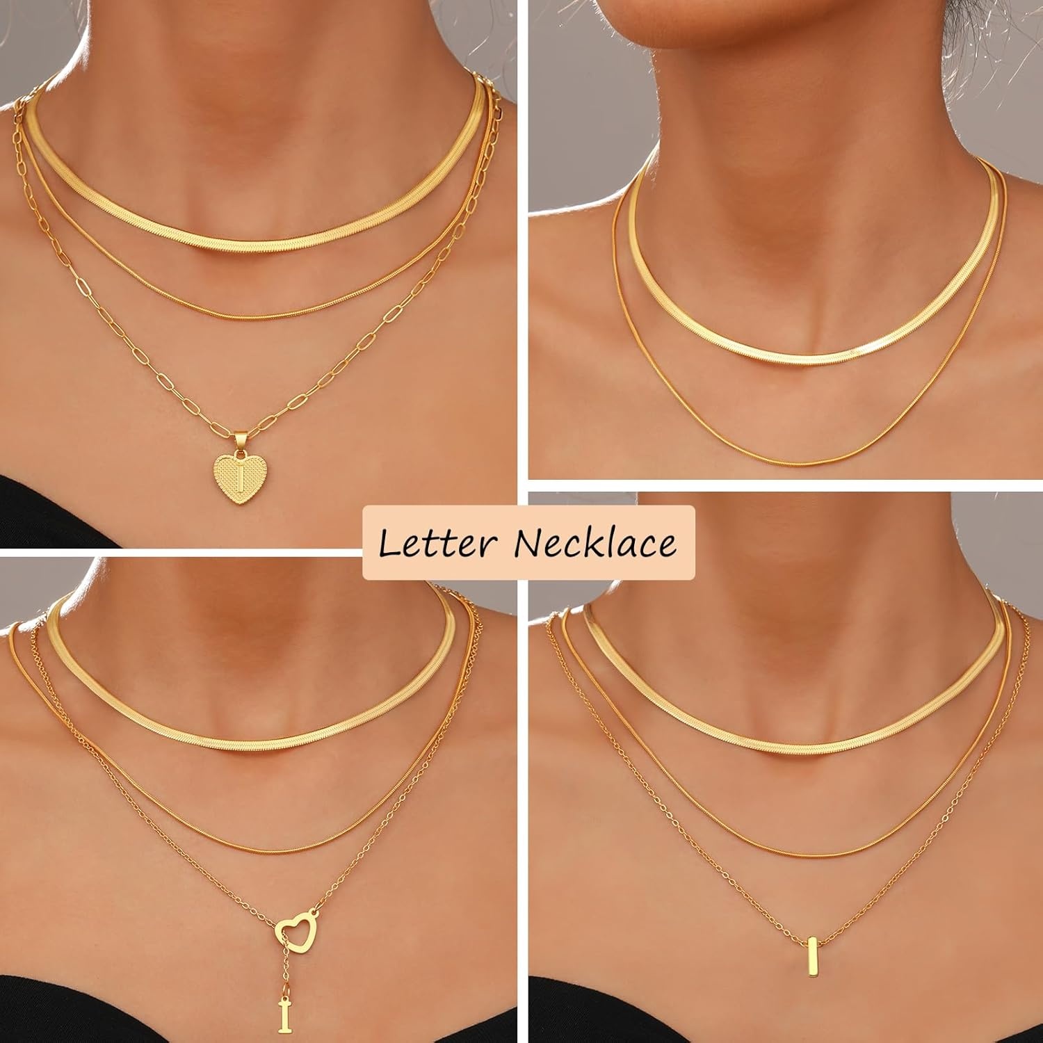 image:imageFAXHION Gold Initial Necklaces for Women 3 Pcs 14K Gold Plated Letter Heart Pendant Necklaces Dainty Gold Letter Necklace Set Layering Choker Necklace for GiftGold