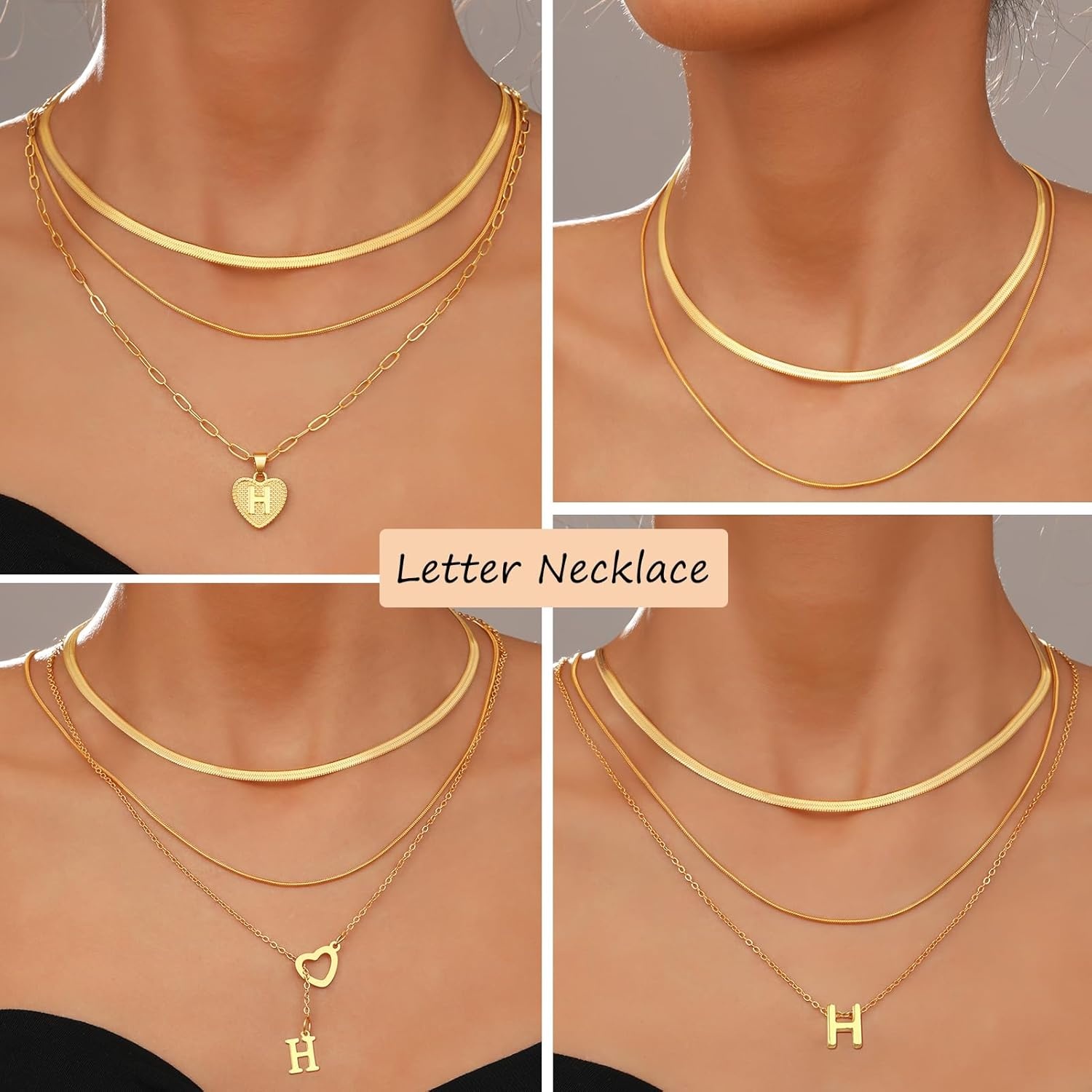 image:imageFAXHION Gold Initial Necklaces for Women 3 Pcs 14K Gold Plated Letter Heart Pendant Necklaces Dainty Gold Letter Necklace Set Layering Choker Necklace for GiftGold