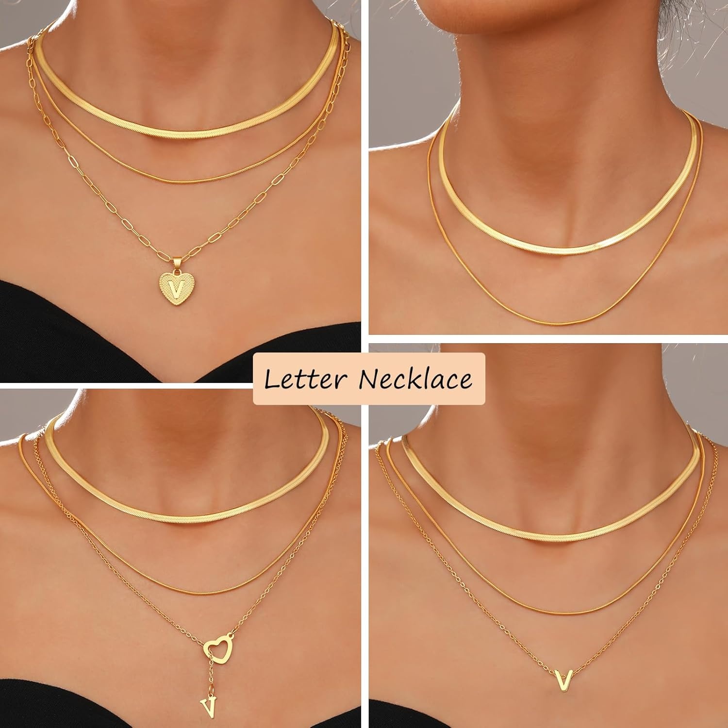 image:imageFAXHION Gold Initial Necklaces for Women 3 Pcs 14K Gold Plated Letter Heart Pendant Necklaces Dainty Gold Letter Necklace Set Layering Choker Necklace for GiftGold