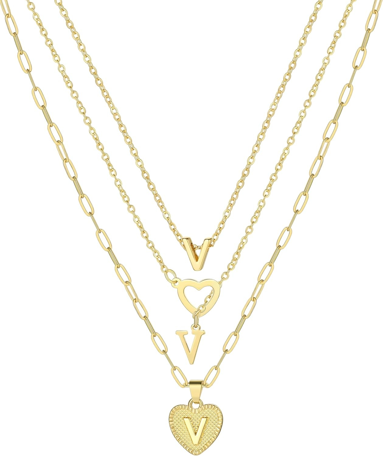 image:imageFAXHION Gold Initial Necklaces for Women 3 Pcs 14K Gold Plated Letter Heart Pendant Necklaces Dainty Gold Letter Necklace Set Layering Choker Necklace for GiftGold
