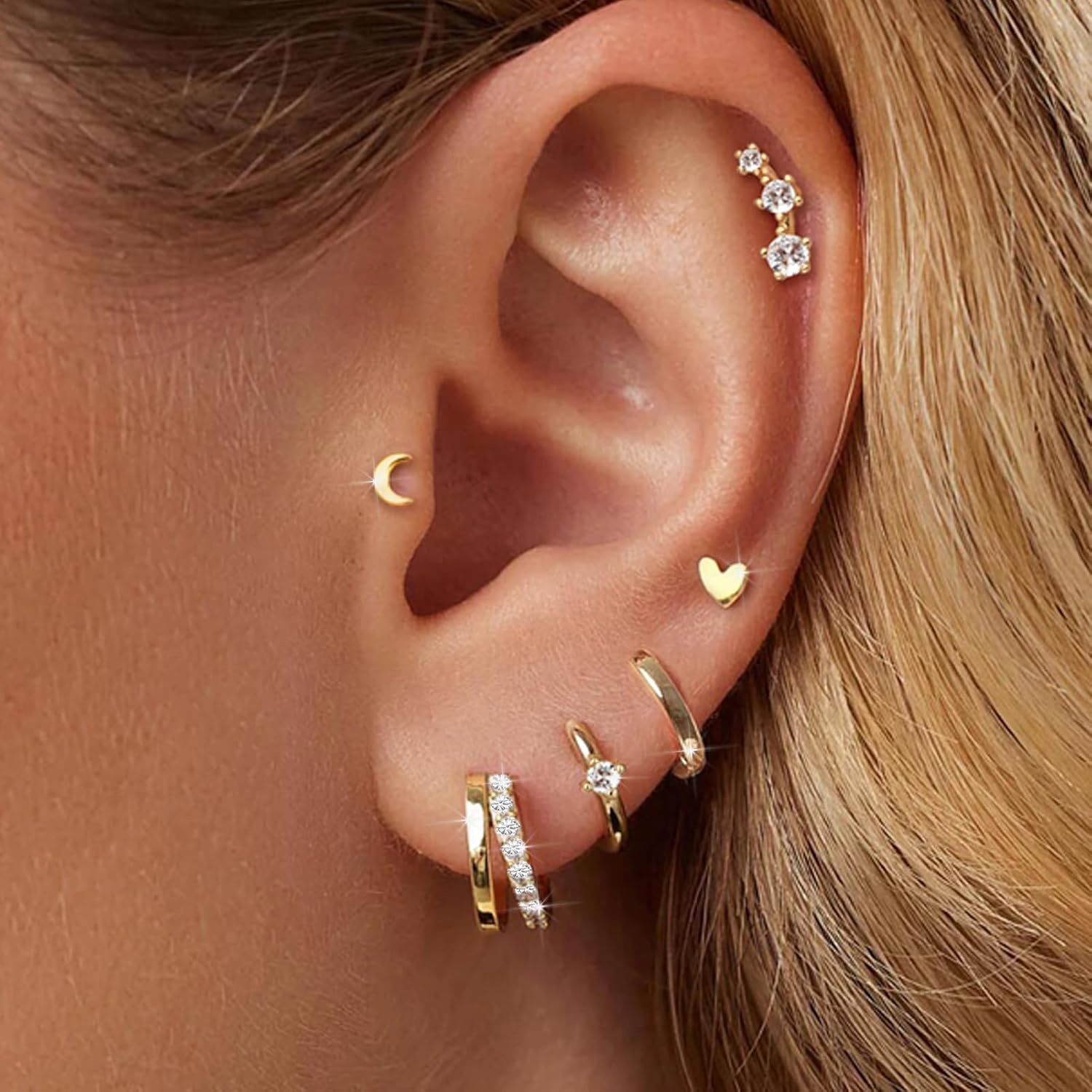 image:imageSmall Gold Hoop Earrings for Women Dainty Gold Earrings 14K Gold Plated Hypoallergenic Stud earrings Set Cartilage Earrings for Multiple Piercing for Women 01GoldMoon