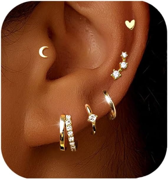 image:imageSmall Gold Hoop Earrings for Women Dainty Gold Earrings 14K Gold Plated Hypoallergenic Stud earrings Set Cartilage Earrings for Multiple Piercing for Women 01GoldMoon