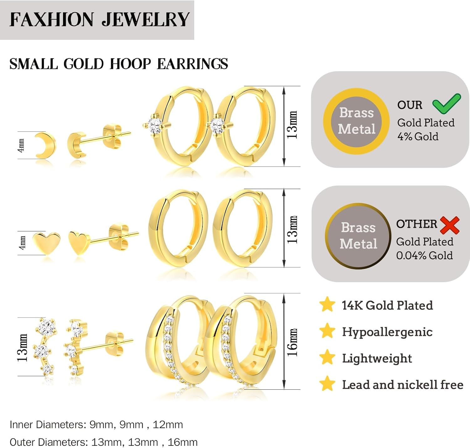 image:imageSmall Gold Hoop Earrings for Women Dainty Gold Earrings 14K Gold Plated Hypoallergenic Stud earrings Set Cartilage Earrings for Multiple Piercing for Women 01GoldMoon