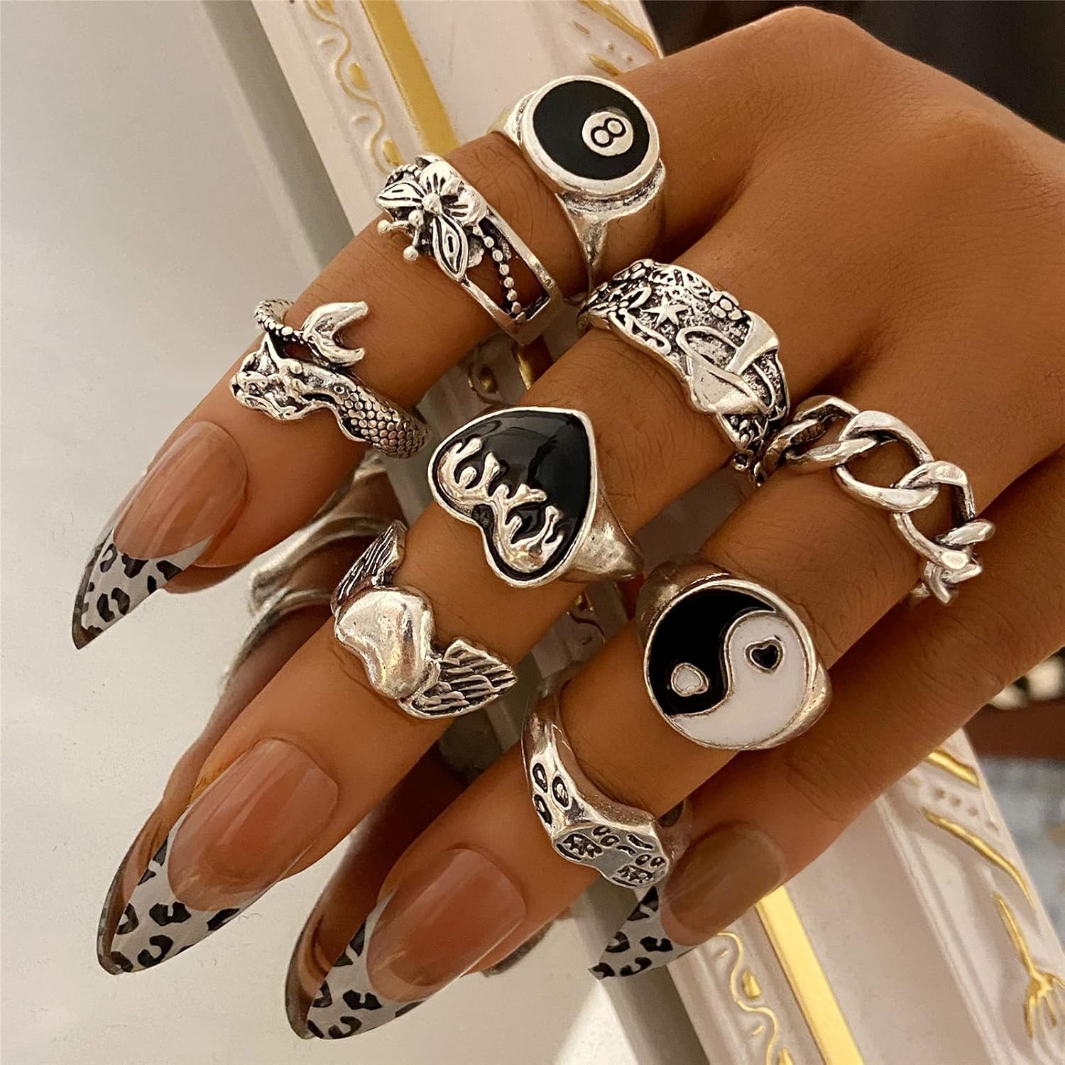 image:imageVintage Silver Open Punk Rings for Men Women 24PCS Adjustable Alt Chunky Bulky Hippie Rings Cool Gothic Statement Stacking Ring Skull Snake Star Flower Heart Eboy Emo Y2K Ring