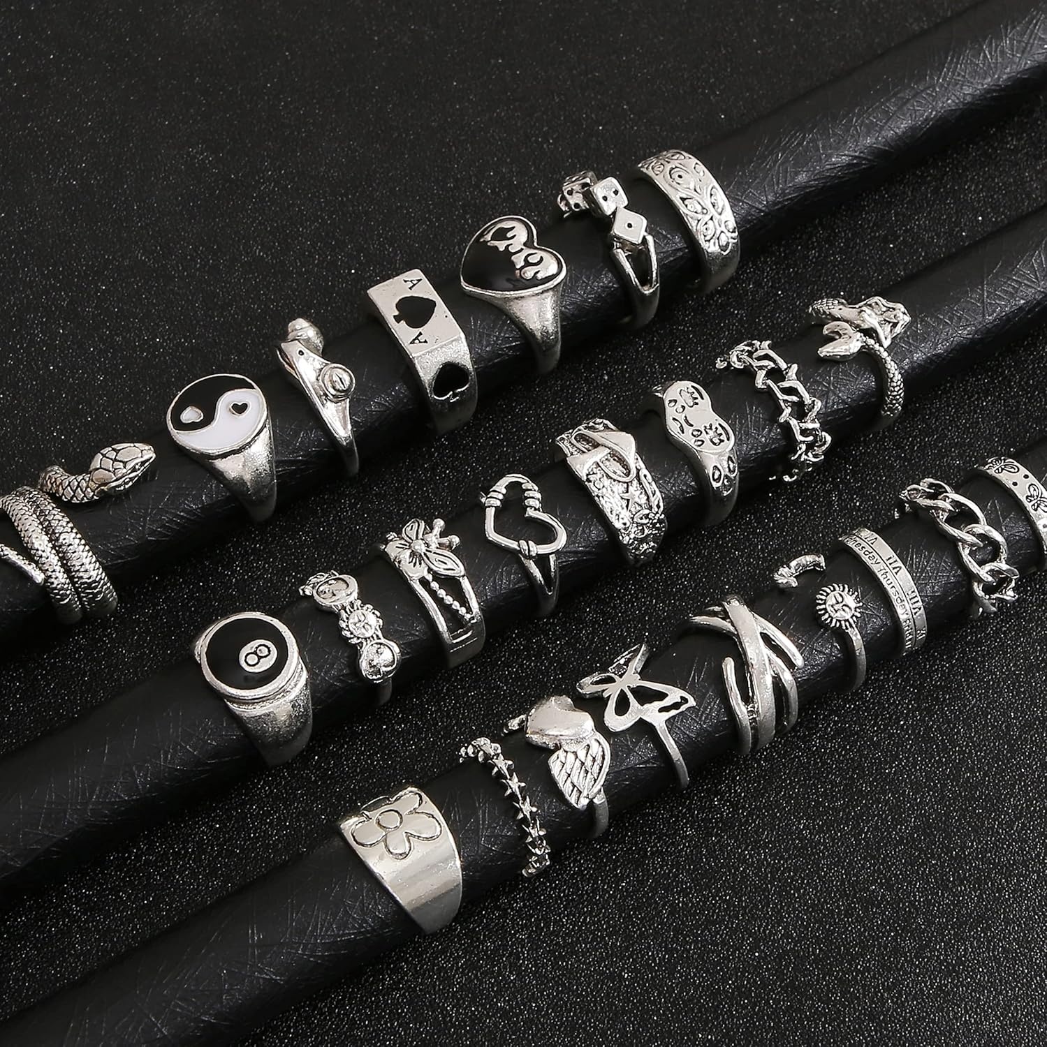 image:imageVintage Silver Open Punk Rings for Men Women 24PCS Adjustable Alt Chunky Bulky Hippie Rings Cool Gothic Statement Stacking Ring Skull Snake Star Flower Heart Eboy Emo Y2K Ring