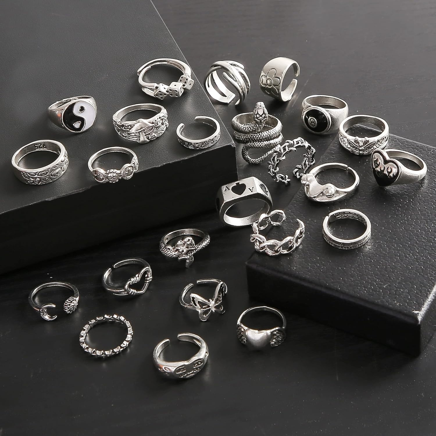 image:imageVintage Silver Open Punk Rings for Men Women 24PCS Adjustable Alt Chunky Bulky Hippie Rings Cool Gothic Statement Stacking Ring Skull Snake Star Flower Heart Eboy Emo Y2K Ring