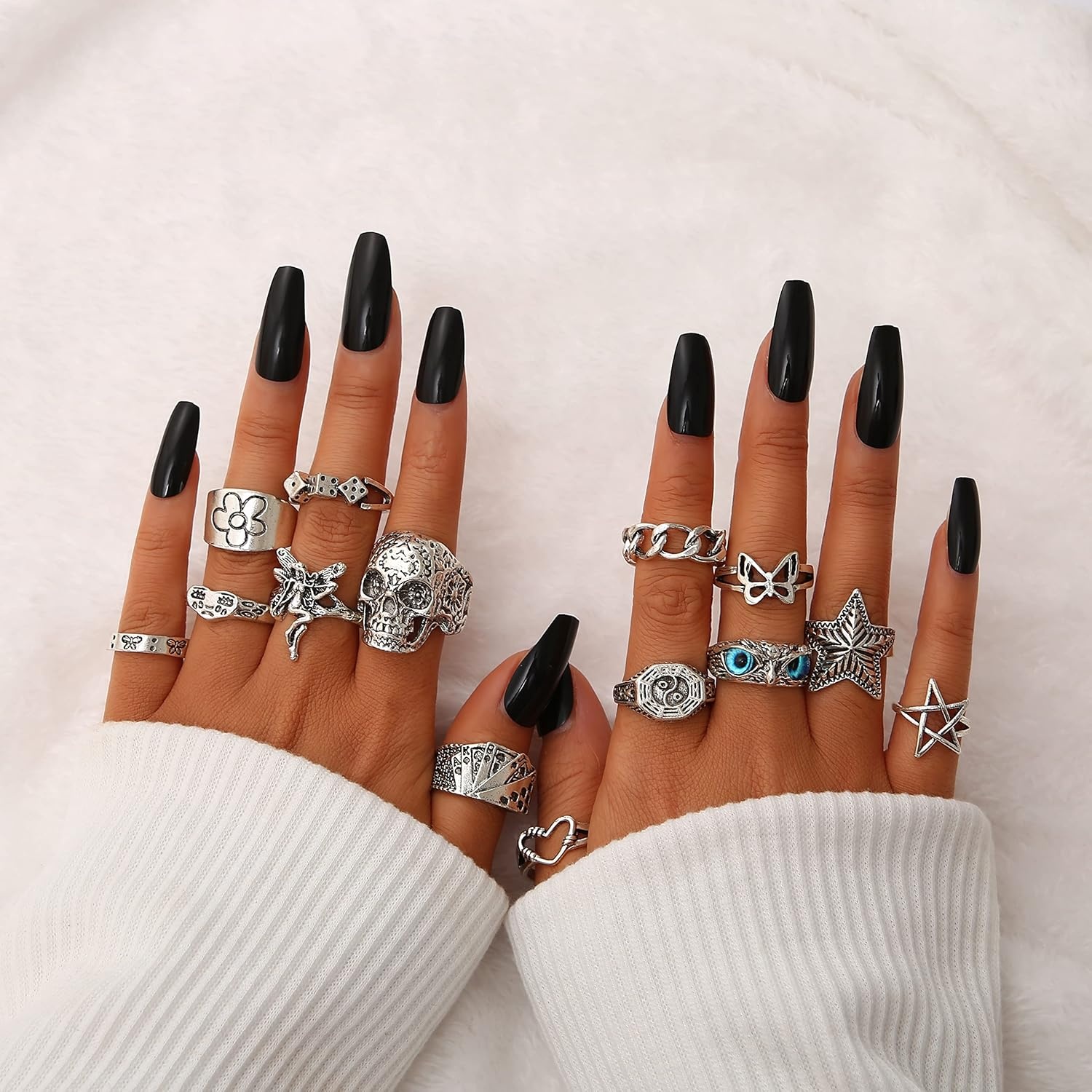 image:imageVintage Silver Open Punk Rings for Men Women 24PCS Adjustable Alt Chunky Bulky Hippie Rings Cool Gothic Statement Stacking Ring Skull Snake Star Flower Heart Eboy Emo Y2K Ring