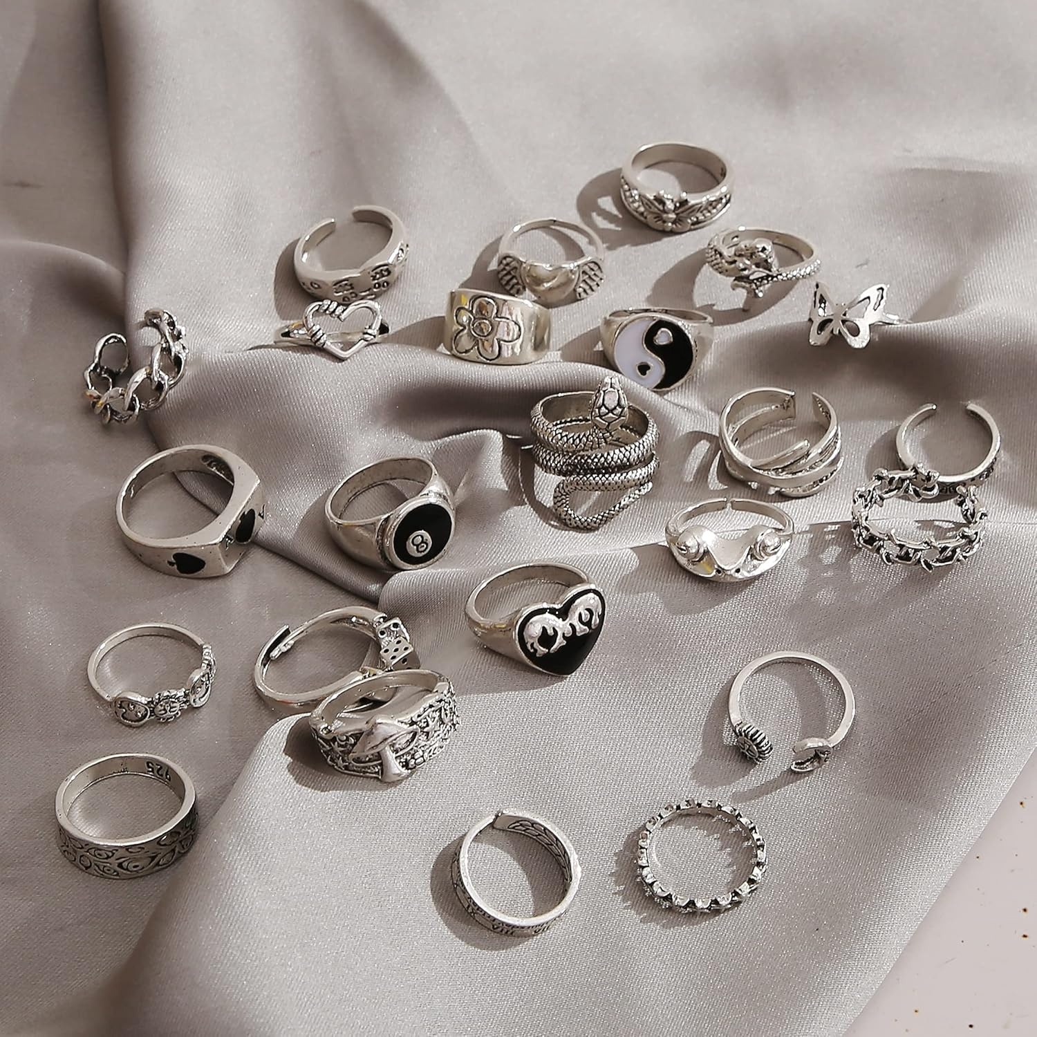 image:imageVintage Silver Open Punk Rings for Men Women 24PCS Adjustable Alt Chunky Bulky Hippie Rings Cool Gothic Statement Stacking Ring Skull Snake Star Flower Heart Eboy Emo Y2K Ring