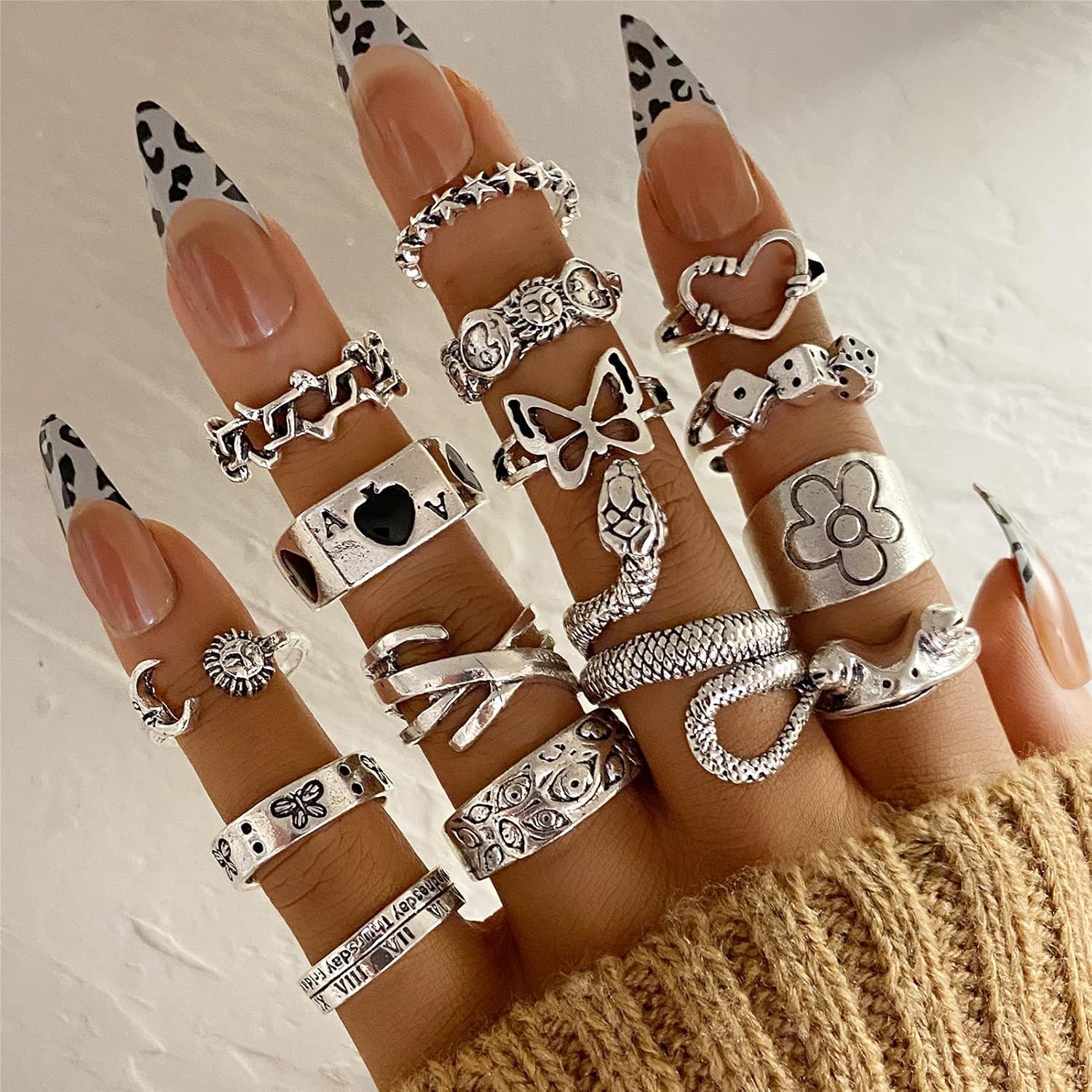 image:imageVintage Silver Open Punk Rings for Men Women 24PCS Adjustable Alt Chunky Bulky Hippie Rings Cool Gothic Statement Stacking Ring Skull Snake Star Flower Heart Eboy Emo Y2K Ring