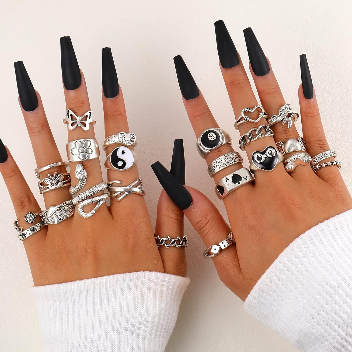 image:imageVintage Silver Open Punk Rings for Men Women 24PCS Adjustable Alt Chunky Bulky Hippie Rings Cool Gothic Statement Stacking Ring Skull Snake Star Flower Heart Eboy Emo Y2K Ring