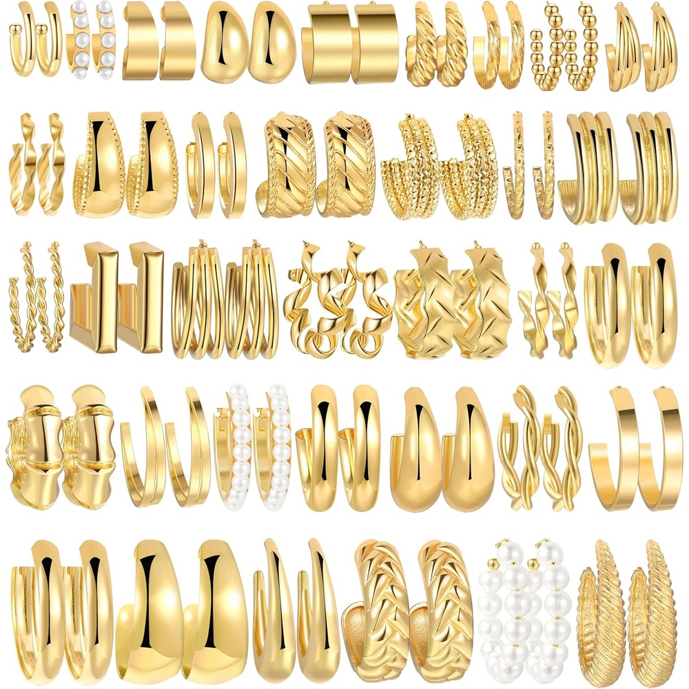 image:image36 Pairs Gold Hoop Earrings Set for Women Fashion Chunky Gold Hoop Earrings Multipack Hypoallergenic Pearl Chain Twisted Statement Earring Pack for Birthday Party JewelryAgold36 pcs