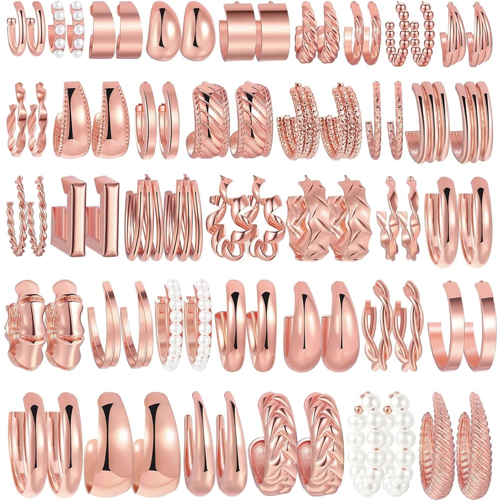 image:image36 Pairs Gold Hoop Earrings Set for Women Fashion Chunky Gold Hoop Earrings Multipack Hypoallergenic Pearl Chain Twisted Statement Earring Pack for Birthday Party JewelryCrose gold36 pcs