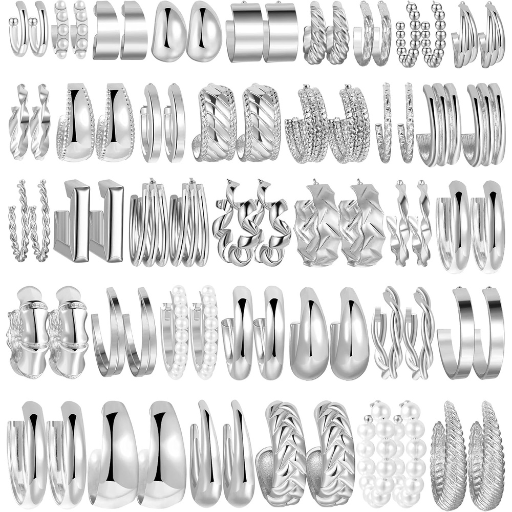 image:image36 Pairs Gold Hoop Earrings Set for Women Fashion Chunky Gold Hoop Earrings Multipack Hypoallergenic Pearl Chain Twisted Statement Earring Pack for Birthday Party JewelryBsilver36 pcs