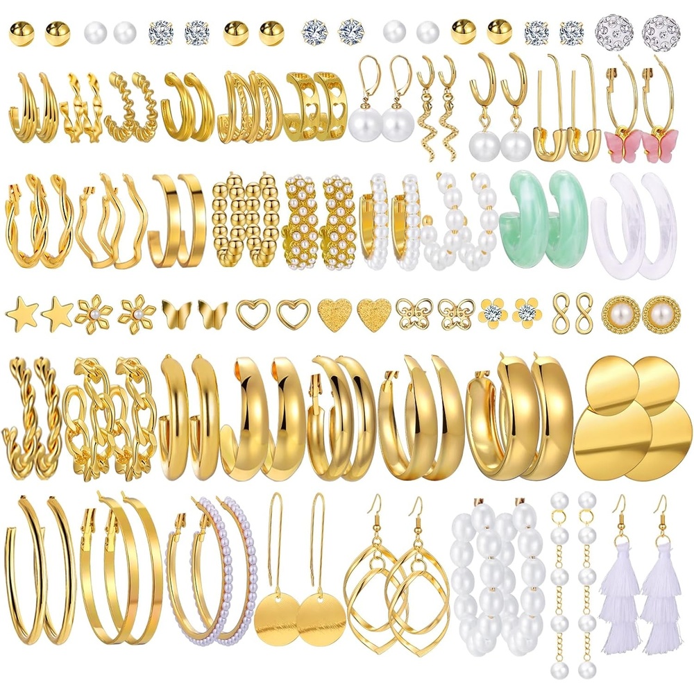 image:image42 Pairs Gold Hoop Earrings Set for Women Hypoallergenic Multipack Small to Chunky Hoops Pearl amp Twisted Trendy Earrings for Everyday Wear amp Mothers Day GiftsGold54 pairs