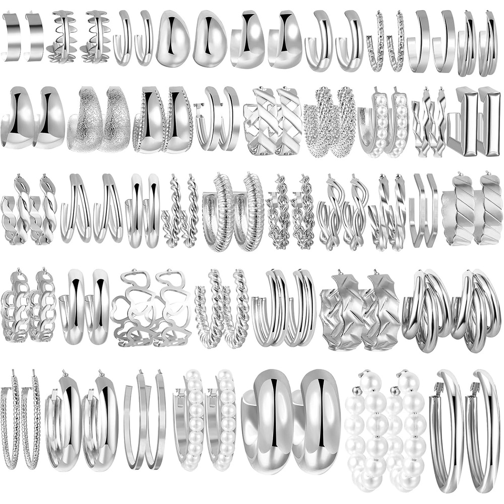 image:image42 Pairs Gold Hoop Earrings Set for Women Hypoallergenic Multipack Small to Chunky Hoops Pearl amp Twisted Trendy Earrings for Everyday Wear amp Mothers Day Giftssliver chunky42 pairs