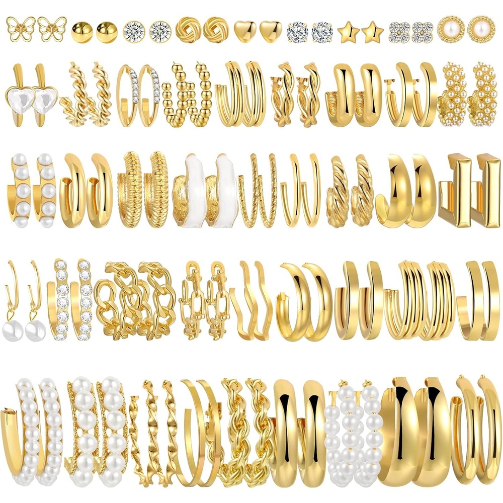 image:image42 Pairs Gold Hoop Earrings Set for Women Hypoallergenic Multipack Small to Chunky Hoops Pearl amp Twisted Trendy Earrings for Everyday Wear amp Mothers Day GiftsGold45 pairs