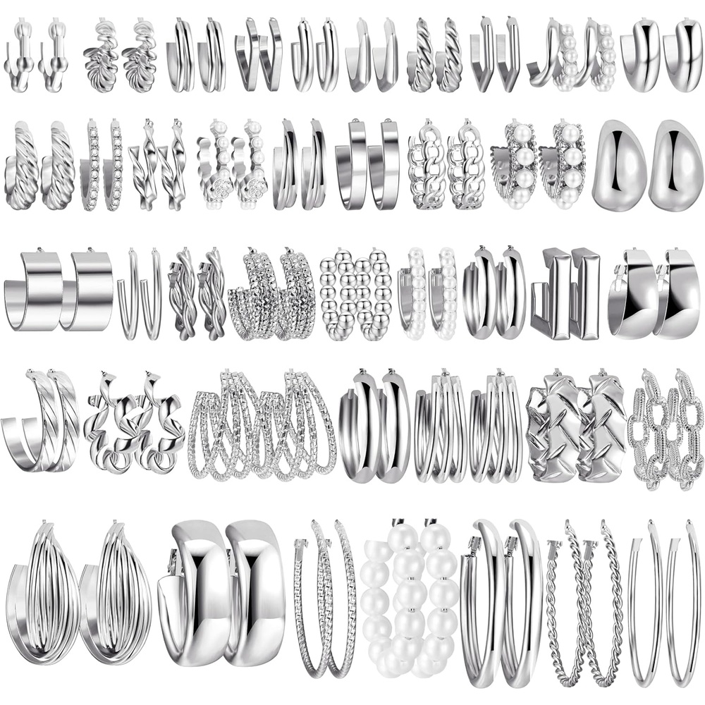 image:image42 Pairs Gold Hoop Earrings Set for Women Hypoallergenic Multipack Small to Chunky Hoops Pearl amp Twisted Trendy Earrings for Everyday Wear amp Mothers Day GiftsSliver42 pair