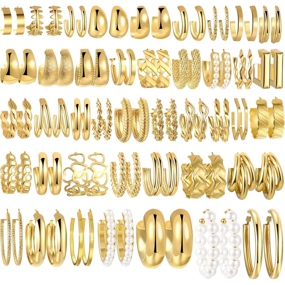 image:image42 Pairs Gold Hoop Earrings Set for Women Hypoallergenic Multipack Small to Chunky Hoops Pearl amp Twisted Trendy Earrings for Everyday Wear amp Mothers Day GiftsGold42 pairschunky