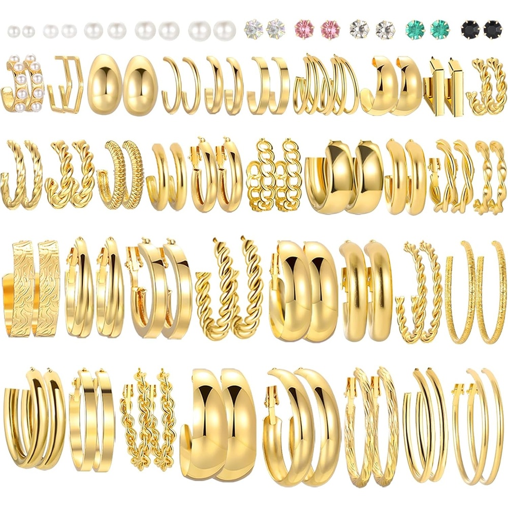image:image46 Pairs Gold Hoop Earrings Set for Women Fashion Hypoallergenic Chunky Twisted Pearl Stud Earrings Multipack Small Big Hoops Earring Packs Trendy for Christmas Birthday Party Jewelry Gift01Gold