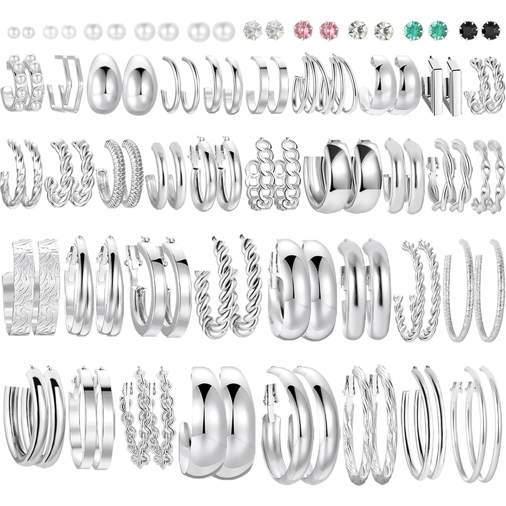 image:image46 Pairs Gold Hoop Earrings Set for Women Fashion Hypoallergenic Chunky Twisted Pearl Stud Earrings Multipack Small Big Hoops Earring Packs Trendy for Christmas Birthday Party Jewelry Gift02Silver