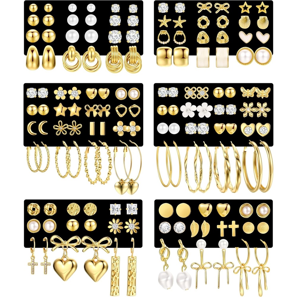image:image75 Pairs Gold Stud Earrings Set for Women Trendy Hypoallergenic Pearl Cubic Zirconia Multiple Piercings Earrings Packs Stud Hoops Earrings for Gift Jewelrygold stud
