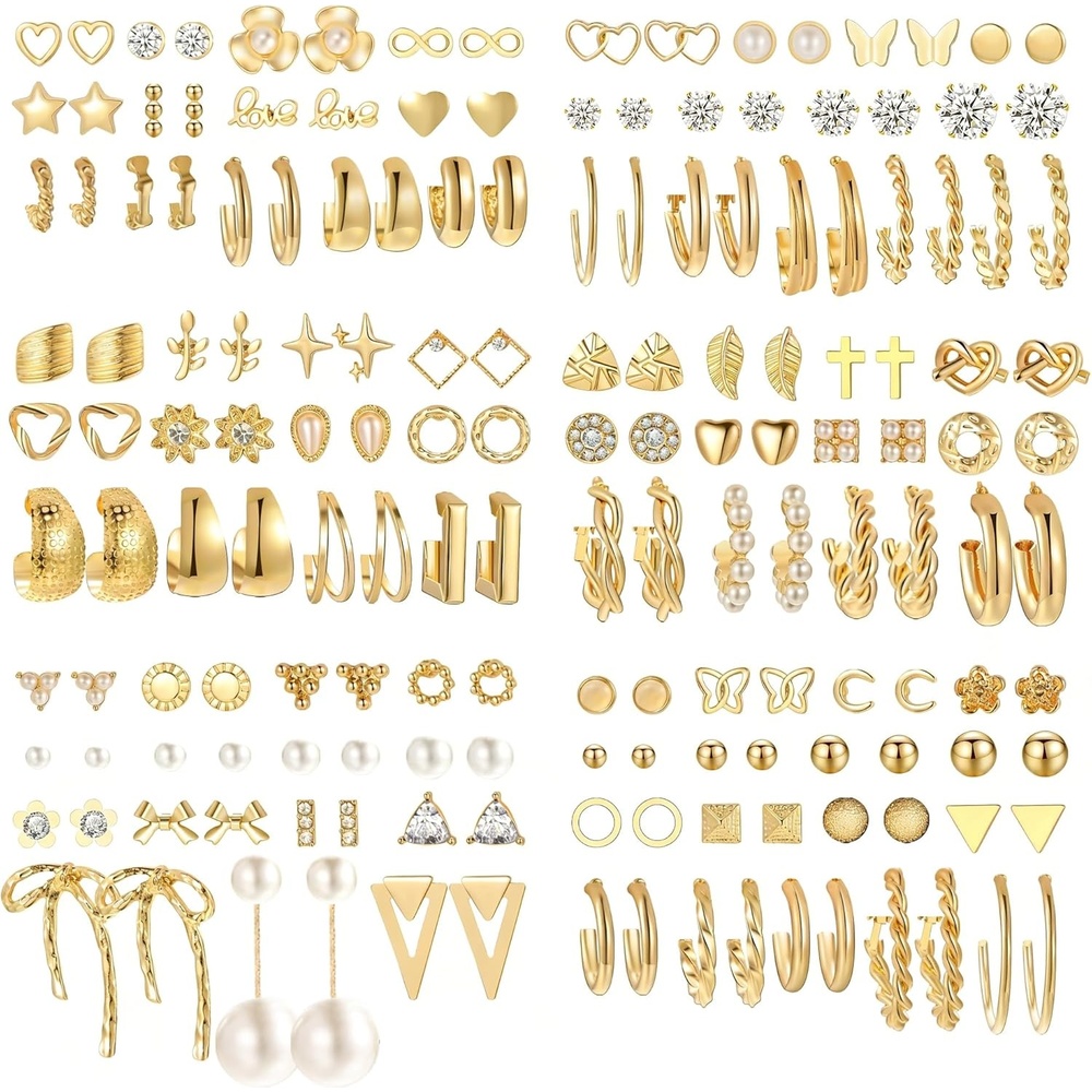 image:image82 Pairs Gold Earrings for Women Trendy Pearl Bow Small Hoop Stud Earrings Pack Earring Set Multiple Piercing for Birthday Party Gift1gold