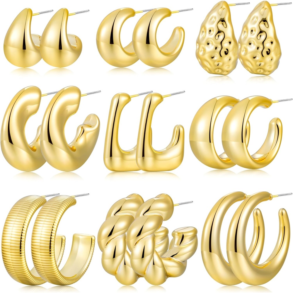 image:image9 Pairs Gold Hoop Earrings for Women Trendy Thick Twisted Gold Earrings Lightweight Chunky Hoop Earring Set Jewelry for GiftsAGold