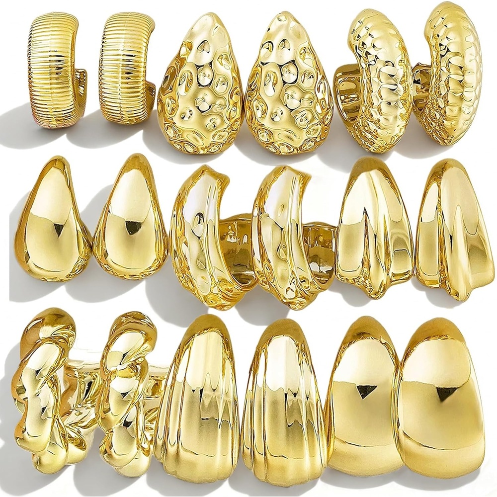 image:image9 Pairs Gold Hoop Earrings for Women Trendy Thick Twisted Gold Earrings Lightweight Chunky Hoop Earring Set Jewelry for GiftsBGold