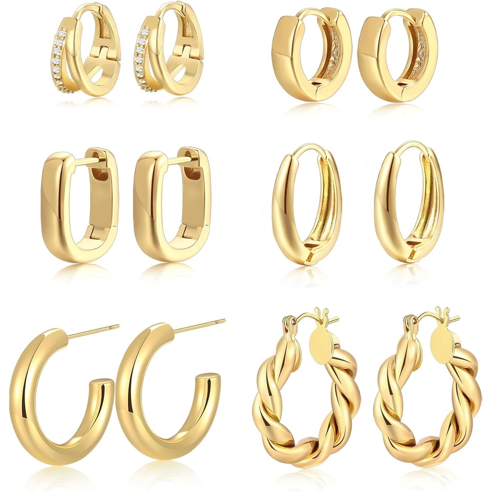 image:image9 Pairs Small GoldSilver Hoop Huggie Earrings Set for Women 14K Gold Plated Chunky Hoop Small Earring Hypoallergenic Thick Open Lightweight Chunky Hoop Earrings Jewelry for GiftsGold6 Pairs