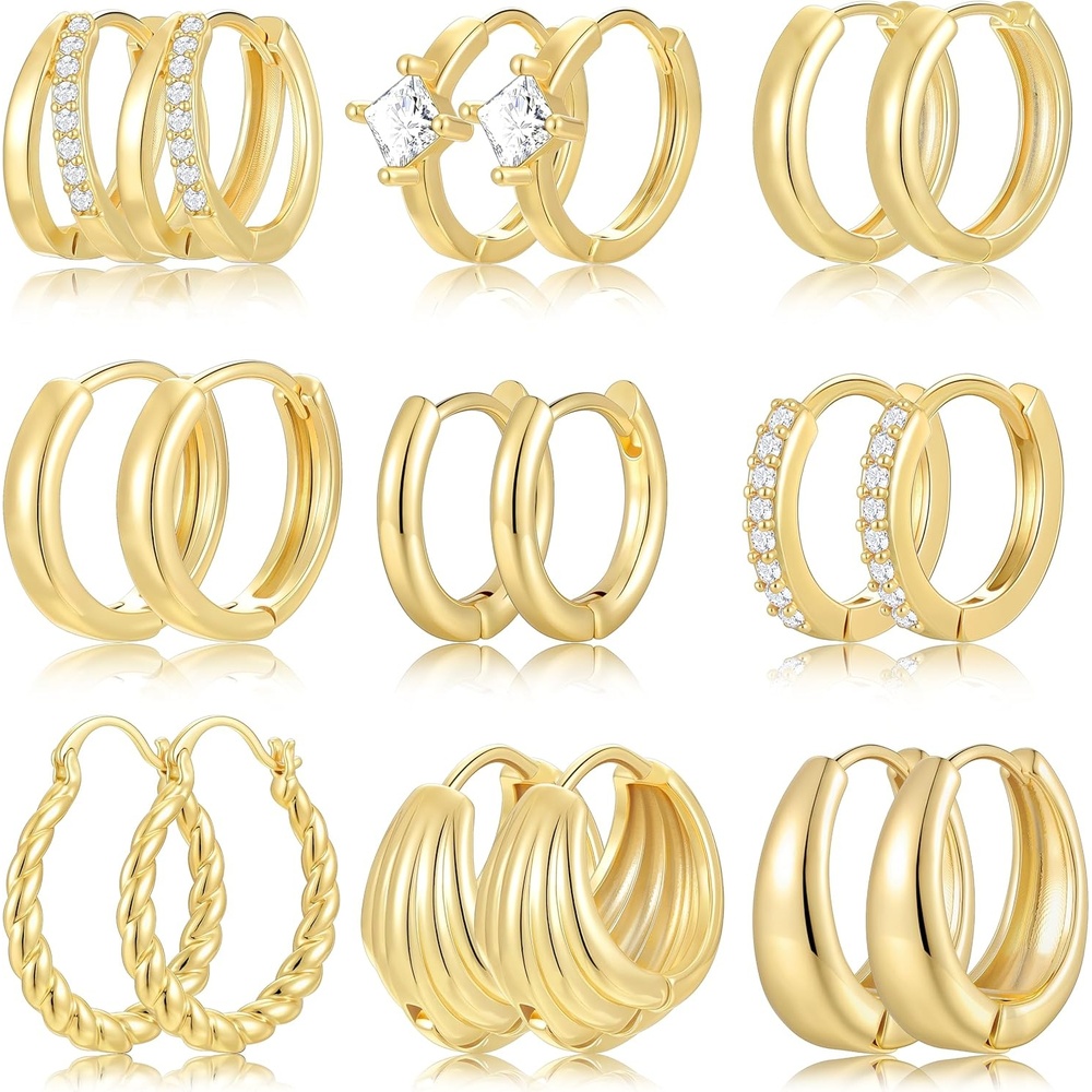 image:image9 Pairs Small GoldSilver Hoop Huggie Earrings Set for Women 14K Gold Plated Chunky Hoop Small Earring Hypoallergenic Thick Open Lightweight Chunky Hoop Earrings Jewelry for Giftsgold1
