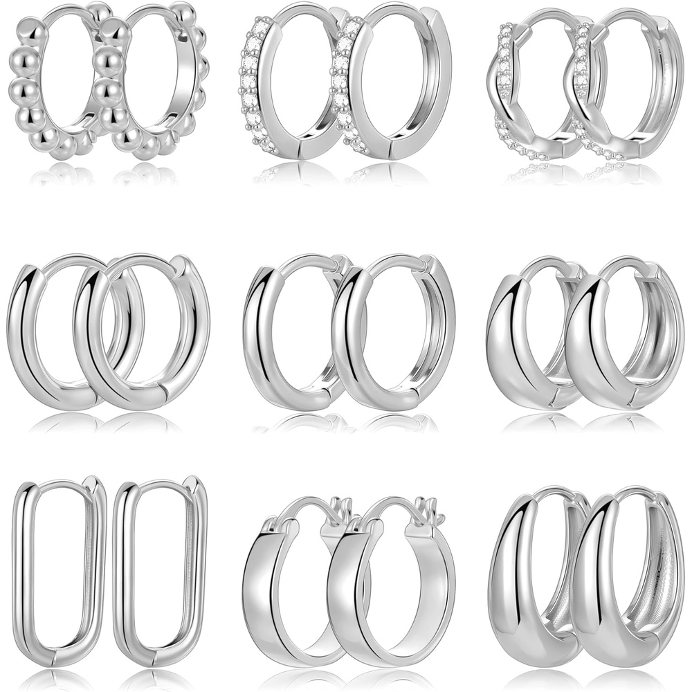 image:image9 Pairs Small GoldSilver Hoop Huggie Earrings Set for Women 14K Gold Plated Chunky Hoop Small Earring Hypoallergenic Thick Open Lightweight Chunky Hoop Earrings Jewelry for Giftssilverstandard
