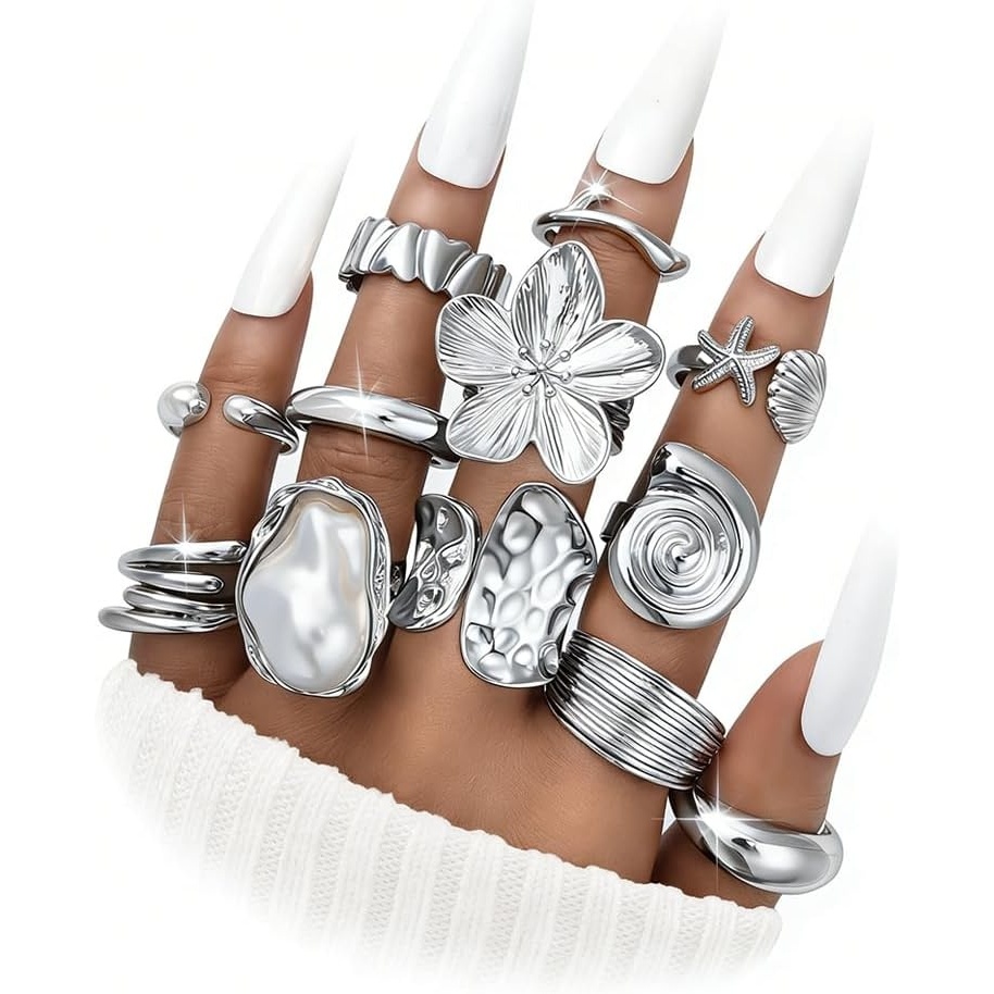 image:imageFAXHION 12 PCS Chunky Gold Rings for Women Non Tarnish Statement Flower Ring 14K Gold Plated Stackable Open Stacking Rings Big Knuckle Trendy Ring Set Jewelry GiftSILVER