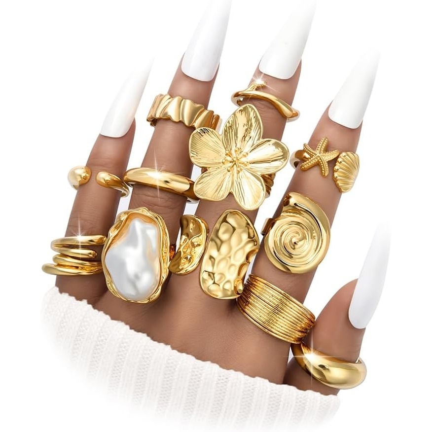 image:imageFAXHION 12 PCS Chunky Gold Rings for Women Non Tarnish Statement Flower Ring 14K Gold Plated Stackable Open Stacking Rings Big Knuckle Trendy Ring Set Jewelry GiftGOLD