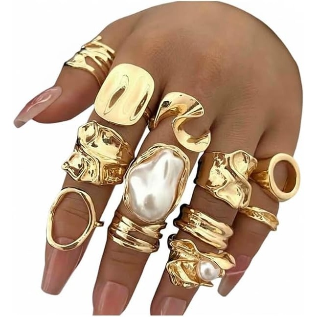 image:imageFAXHION 12 PCS Chunky Gold Rings for Women Non Tarnish Statement Flower Ring 14K Gold Plated Stackable Open Stacking Rings Big Knuckle Trendy Ring Set Jewelry GiftGOLD4