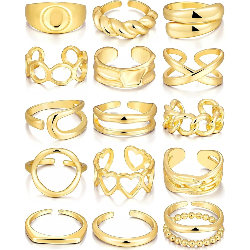 image:imageFAXHION 16 PCS Gold Chunky Rings Set for Women Gold Stackable Open Rings Trendy Dainty Statement Women Rings Pack Jewelry Gifts16 pcs gold chunky rings