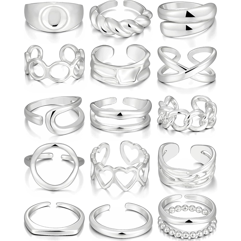 image:imageFAXHION 16 PCS Gold Chunky Rings Set for Women Gold Stackable Open Rings Trendy Dainty Statement Women Rings Pack Jewelry Gifts16 pcs silver chunky rings