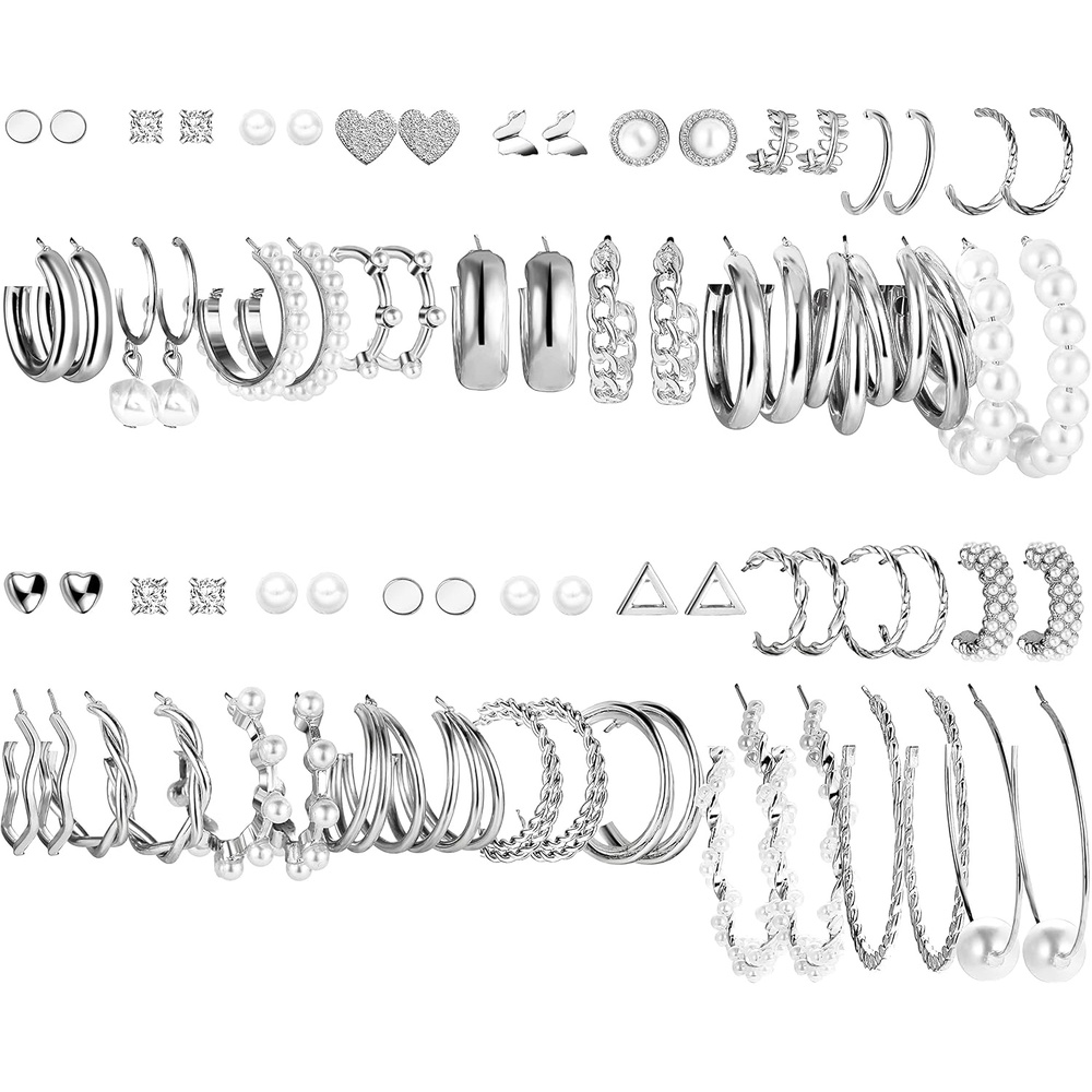 image:imageFAXHION 36 Pairs Gold Earrings Set for Women Fashion Pearl Chain Link Stud Drop Dangle Earrings Multipack Hoop Earring Packs Hypoallergenic Earrings for Birthday Party JewelryBsilver