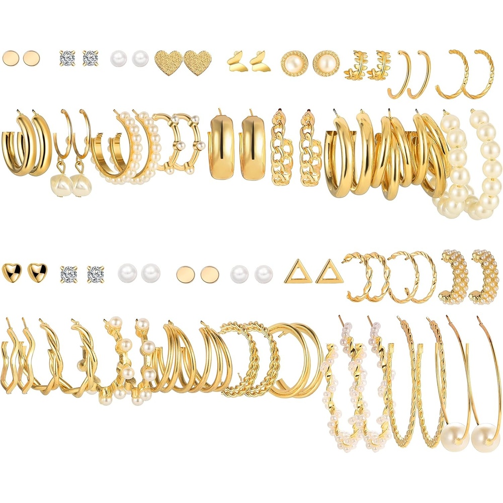 image:imageFAXHION 36 Pairs Gold Earrings Set for Women Fashion Pearl Chain Link Stud Drop Dangle Earrings Multipack Hoop Earring Packs Hypoallergenic Earrings for Birthday Party JewelryAgold