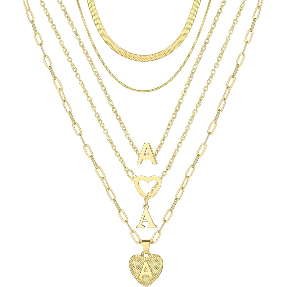 image:imageFAXHION 5 Pcs Gold Initial Necklaces for Women 14K Gold Plated Letter Heart Pendant Necklaces Dainty Flat Snake Chain Layering Choker Necklace for Gift