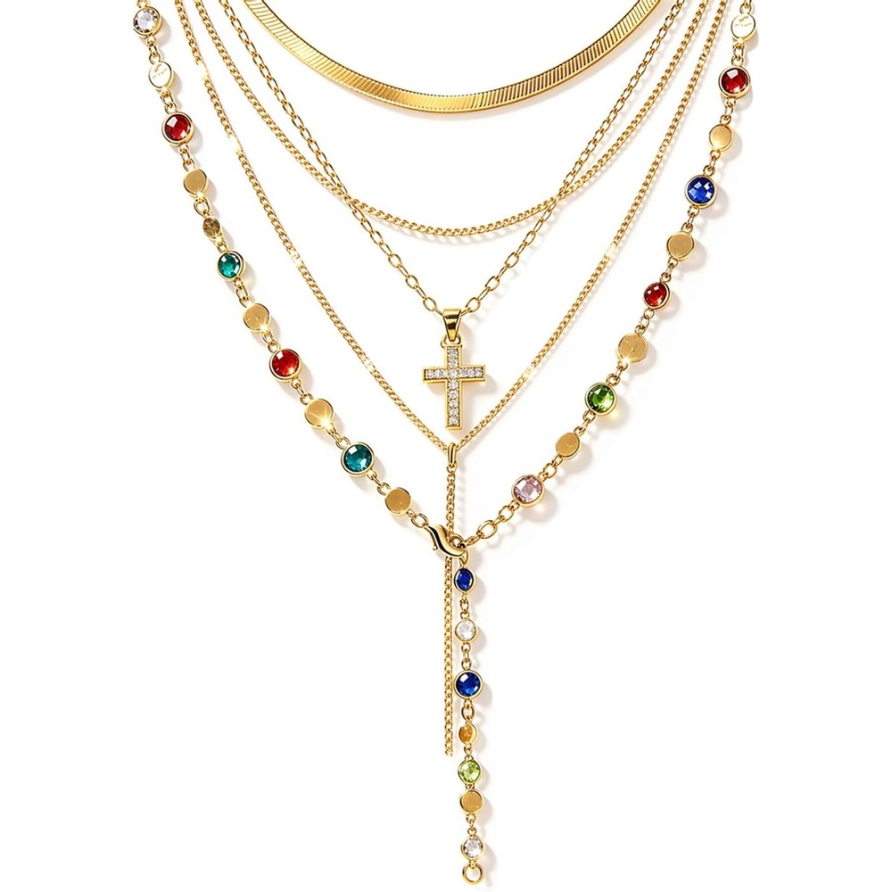 image:imageFAXHION 5PCS 14k Gold Plated Cross Necklaces for Women Pendant Stacked Layered Diamond Y Long Boho Jewelry Sets Adjustable Accessories Trendy Gifts for Womengold01