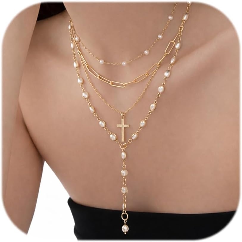 image:imageFAXHION 5PCS 14k Gold Plated Cross Necklaces for Women Pendant Stacked Layered Diamond Y Long Boho Jewelry Sets Adjustable Accessories Trendy Gifts for Womengold04