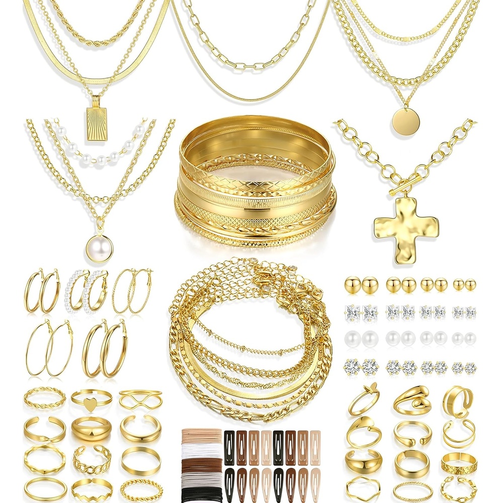 image:imageFAXHION 68 Pcs Gold Jewelry Set for Women with 7 Necklace 17 Bracelet 5 Hoop Earrings 15 Stud Earrings 24 Knuckle Rings for Women Jewelry Set for Womenchunky jewelry pack