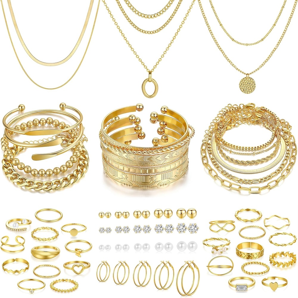 image:imageFAXHION 68 Pcs Gold Jewelry Set for Women with 7 Necklace 17 Bracelet 5 Hoop Earrings 15 Stud Earrings 24 Knuckle Rings for Women Jewelry Set for Womengold jewelry set