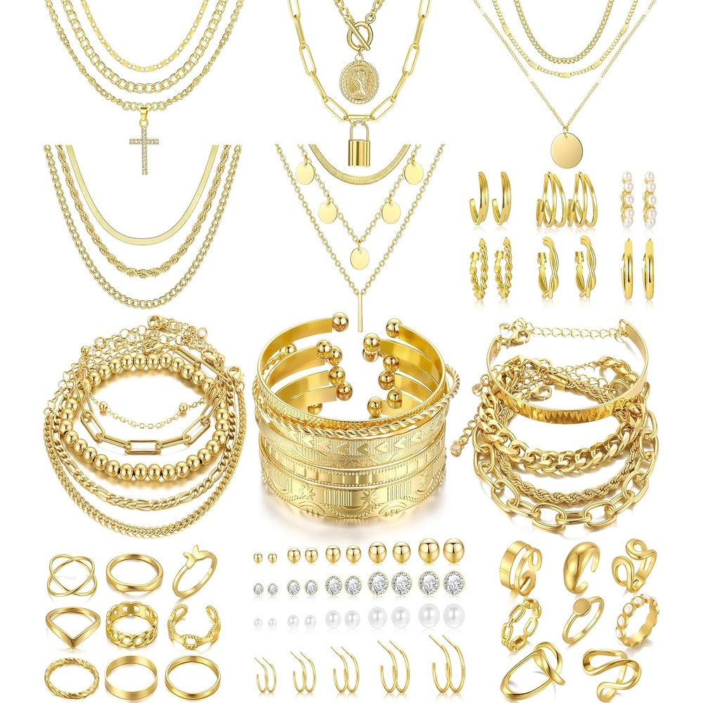 image:imageFAXHION 68 Pcs Gold Jewelry Set for Women with 7 Necklace 17 Bracelet 5 Hoop Earrings 15 Stud Earrings 24 Knuckle Rings for Women Jewelry Set for Womengold jewelry