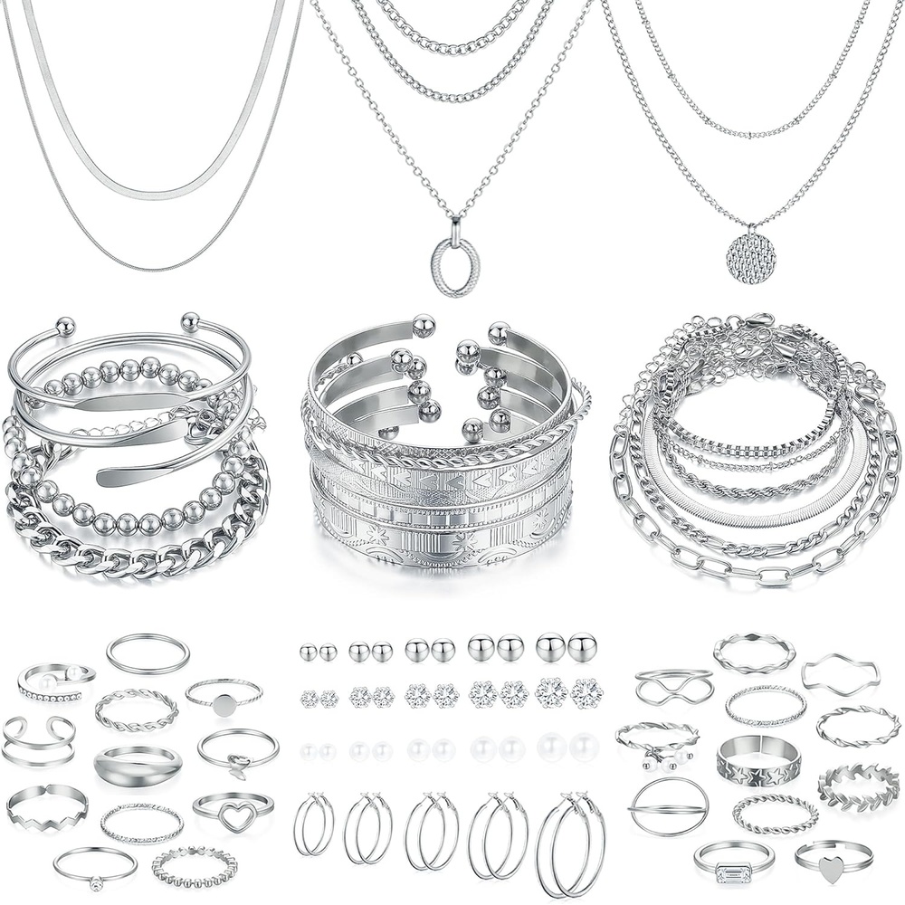 image:imageFAXHION 68 Pcs Gold Jewelry Set for Women with 7 Necklace 17 Bracelet 5 Hoop Earrings 15 Stud Earrings 24 Knuckle Rings for Women Jewelry Set for Womensilver jewelry set