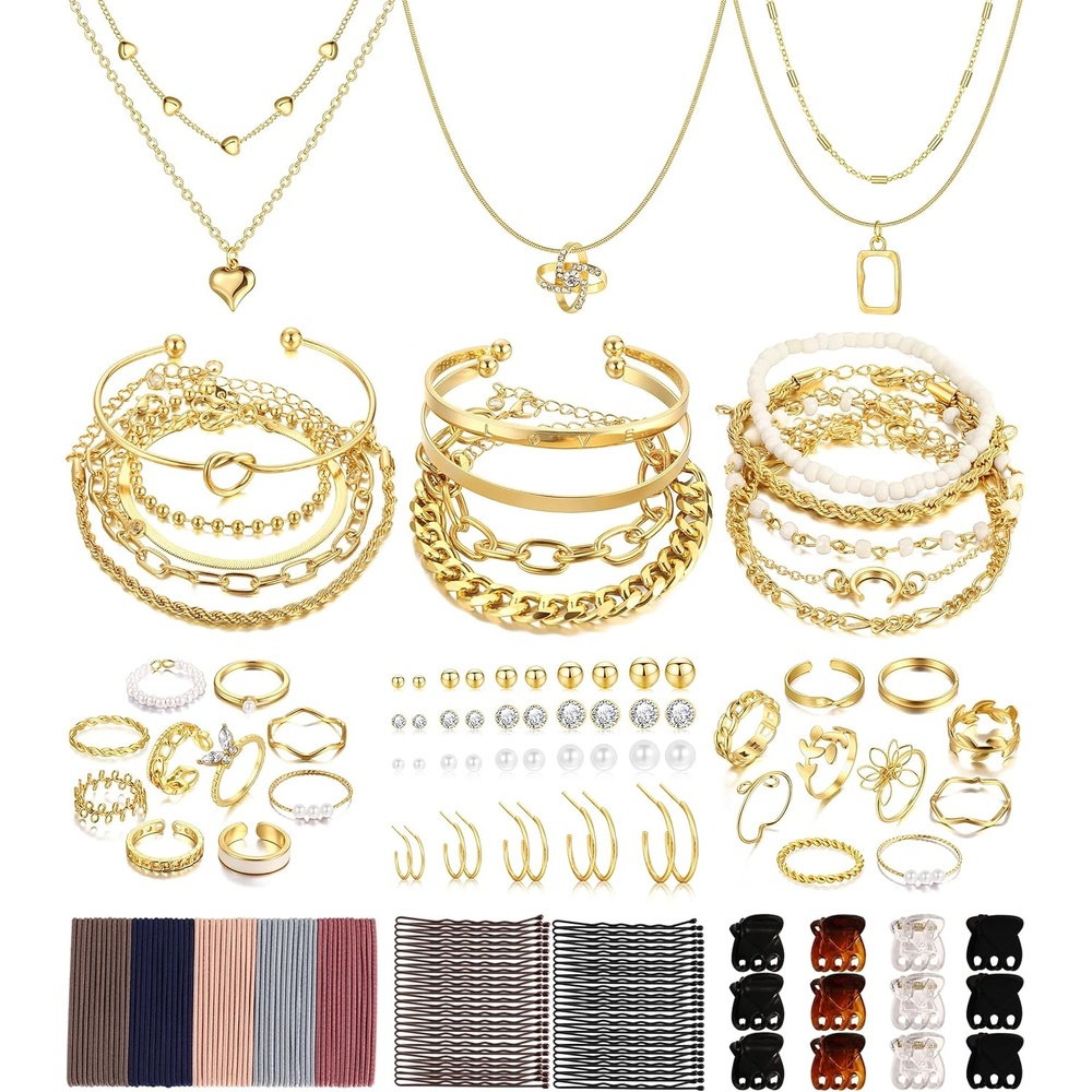 image:imageFAXHION 68 Pcs Gold Jewelry Set for Women with 7 Necklace 17 Bracelet 5 Hoop Earrings 15 Stud Earrings 24 Knuckle Rings for Women Jewelry Set for Womengold women jewelry